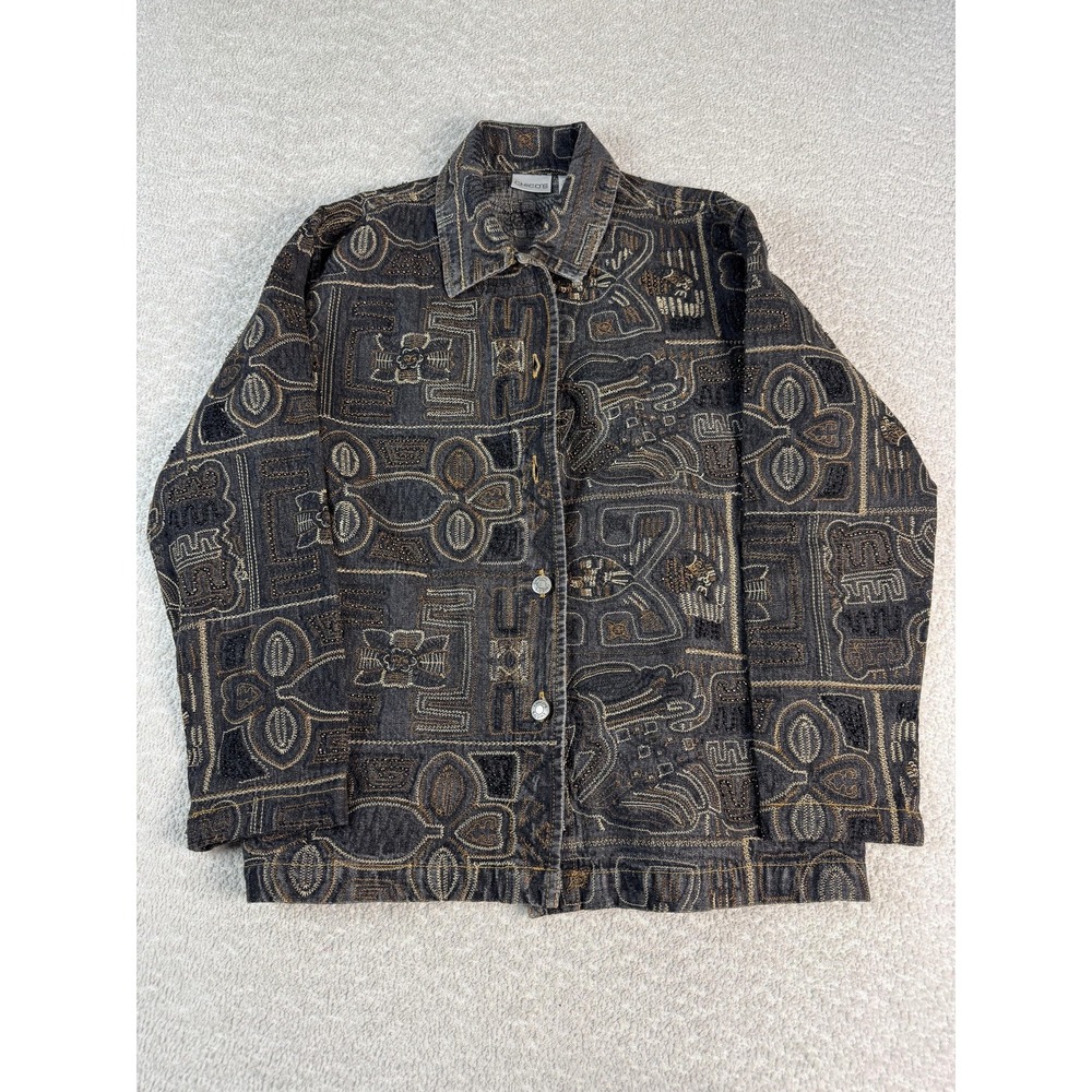 Chicos Jacket Womens 1 Embroidered Button Up Boho India Geometric